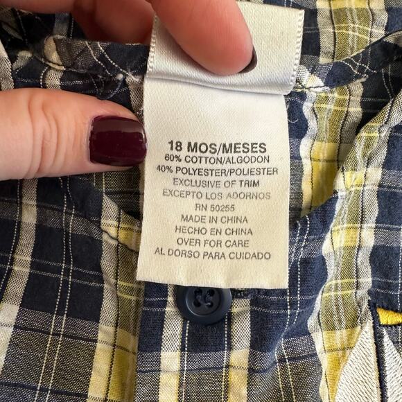 Carter’s Vintage Plaid Embroidered Sailboat Romper Boys Size 18M Blue Yellow - Picture 9 of 10